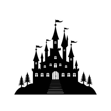Beyaz arka planda izole edilmiş bayrakları ve ağaçları olan bir masal şatosunun silueti.