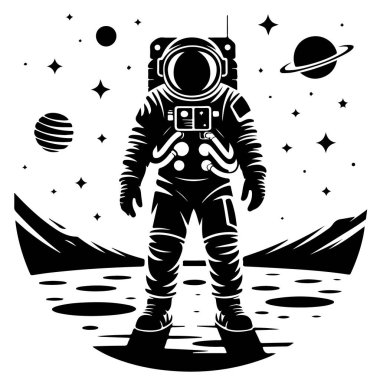 Gezegen yüzeyinde duran bir astronot. Arkasında yıldızlar ve gezegenler var.