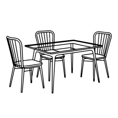 Kare cam bir yemek masasının basit bir çizimi. Beyaz arka planda izole edilmiş üç sandalyeli.