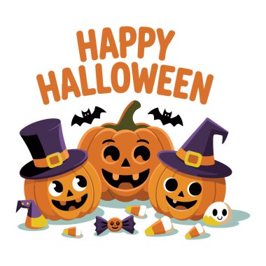 Mutlu cadılar bayramı tebrikleri şapkalar, yarasalar ve şekerler takan gülen balkabaklarıyla