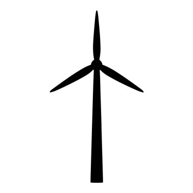 Bir rüzgar türbininin silueti, sürdürülebilir bir enerji kaynağı, beyaz arka planda izole edilmiş, yeşil enerji üretimini temsil ediyor.