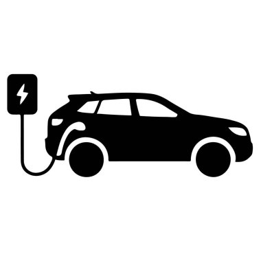 Siyah elektrikli araba şarj simgesi beyaz arkaplanda izole edilmiş, sürdürülebilir ve ekoflatif ulaşım çözümünü temsil ediyor