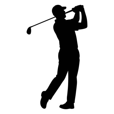 Beyazların arka planında izole edilmiş golf oynarken sopasını sallayan bir golfçünün silueti.