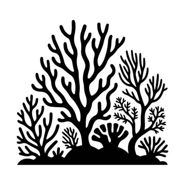 Beyaz arka plan teknolojisinde izole edilmiş çeşitli mercan dalları ve deniz şakayıklarından oluşan siyah siluet.