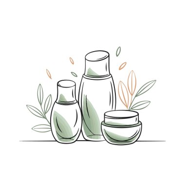 İnce yeşil yapraklı ve soyut şekilli, beyaz arka plan teknolojisi arka planında izole edilmiş üç teneke şişe ve kavanozun minimalist çizgisi çizimi