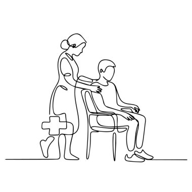 Bir hemşirenin ya da bakıcının sürekli çizdiği çizimler bir sandalyede oturan bir hastanın omzuna nazikçe dokunuyor, yanında tıbbi haç sembolü var, beyaz arka plan teknolojisi arka planında izole edilmiş.