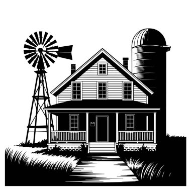 Kırsal yaşamı ve tarım mirası teknolojisini temsil eden, yel değirmeni ve silosu olan klasik bir Amerikan çiftlik evi.