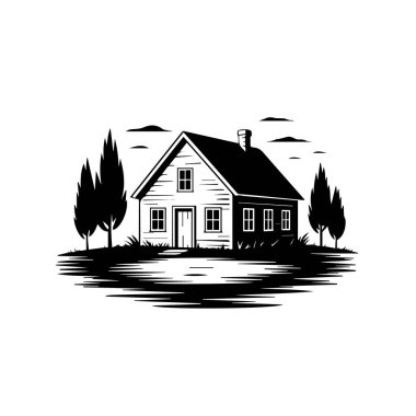 Ağaçları ve çitleri olan büyüleyici ahşap bir evin klasik siyah beyaz çizimi, kırsal bir sadelik ve zamansız cazibe teknolojisi geçmişi hissi uyandırıyor.