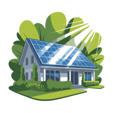 Çatı katında güneş panelleri olan, yemyeşil ağaçlar ve çalılarla çevrili, sürdürülebilir enerji ve yeşil yaşam teknolojisini sembolize eden modern çevre dostu ev.