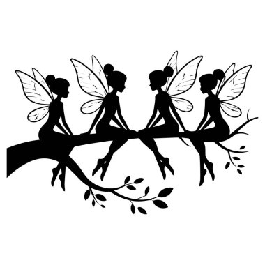 Kanatları olan dört perinin silueti bir ağaç dalında oturuyor, fantezi ve sihir teknolojisini çağrıştırıyor.