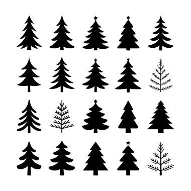 Çeşitli stil ve boyutlar da dahil olmak üzere çeşitli noel ağacı siluetleri koleksiyonu, tatil tasarım elemanları için ideal teknoloji arka planı