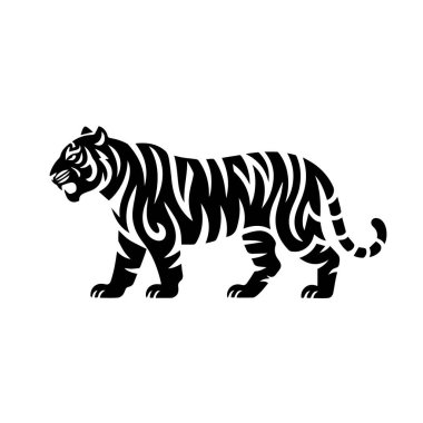 Beyaz arka plan teknolojisinde izole edilmiş, stilize çizgileri olan yürüyen bir kaplan silueti.