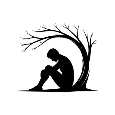 Çıplak bir ağacın altında oturan bir kişinin silueti.