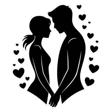 Siluet çift kalpler arasında el ele tutuşuyor.