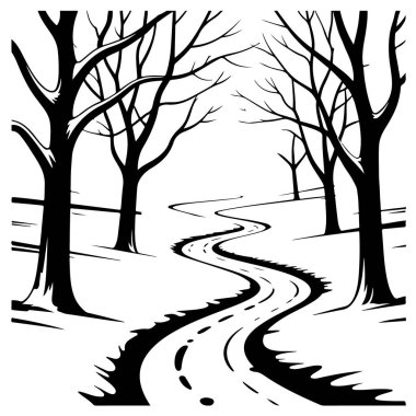 Kışın ağaçların arasında dolambaçlı yol, siyah ve beyaz çizimler
