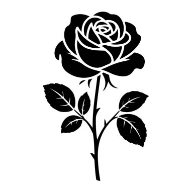 Yaprakları ve sapı olan çiçek açan bir gülün siyah silueti.