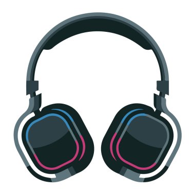 Mavi ve pembe aksanlı modern siyah kulaklıklar.