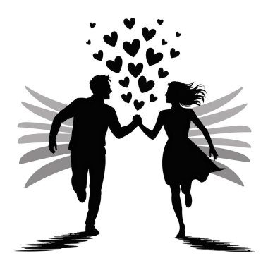 Kanatları ve kalpleri ile el ele koşan bir çiftin silueti.