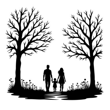 İki ağaç vektör sanatı arasında yürüyen bir ailenin silueti