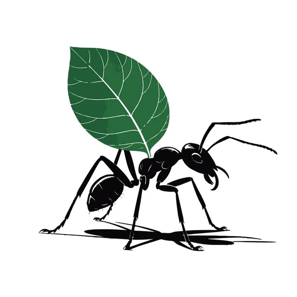 Sırtında yeşil bir yaprak taşıyan siyah bir karınca