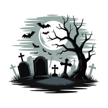 Mezar taşları, yarasalar ve dolunaylı ürkütücü mezarlık sahnesi.