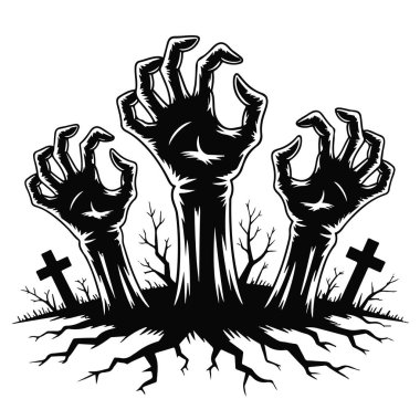 Mezardan haçlarla yükselen üç zombi eli