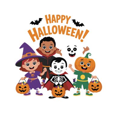 Cadılar Bayramı 'nız kutlu olsun. Çocuklar şeker mi şaka mı kostümü giymiş.