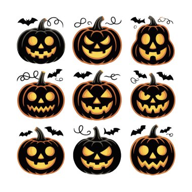 Korkunç yüzlü ve yarasalı dokuz Cadılar Bayramı balkabağı.