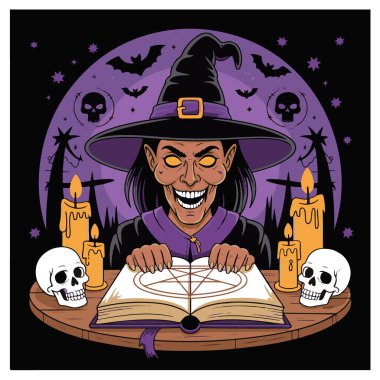 Büyü kitabı ve kafatasıyla cadılar bayramı için izole edilmiş kötü cadı.