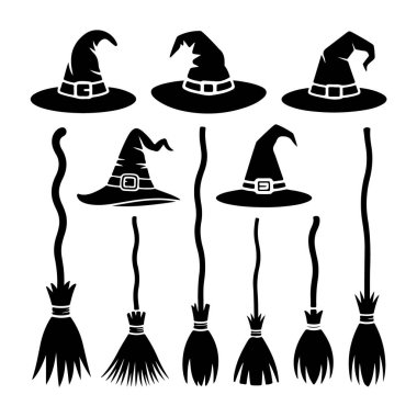 Cadılar bayramı için cadı şapkaları ve süpürgelerin silueti