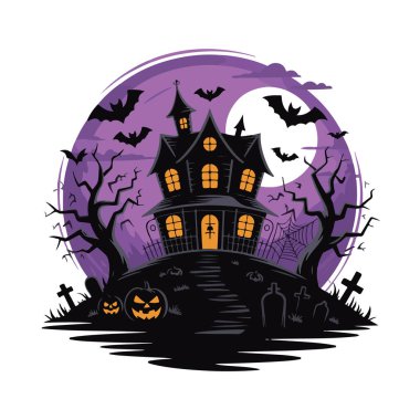 Tepede yarasalar ve balkabaklarıyla hayaletli bir ev.