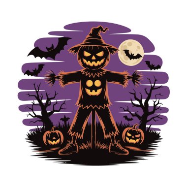 Ürkütücü bir gecede kabak ve yarasalarla korkunç bir korkuluk.