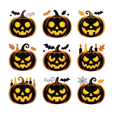 Dekorasyon için yarasalı ürkütücü Cadılar Bayramı balkabakları koleksiyonu