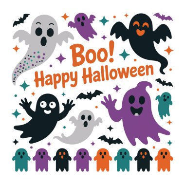 Mutlu cadılar bayramı renkli hayaletler, yarasalar ve yıldızlarla