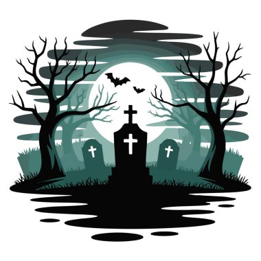 Dolunayda mezar taşları, yarasalar ve ağaçların olduğu ürkütücü bir mezarlık sahnesi.