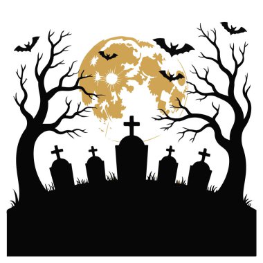 Dolunayda mezar taşları, yarasalar ve ağaçların olduğu ürkütücü bir mezarlık sahnesi.