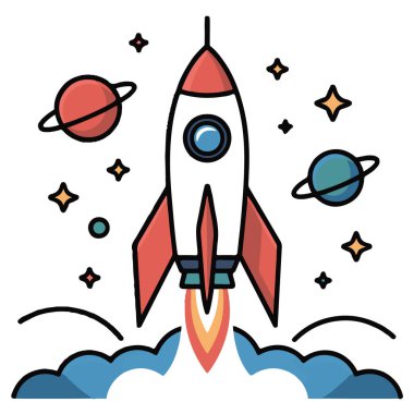 Gezegenler ve yıldızlarla dolu bir roket uzaya fırlatıldı.