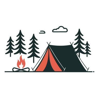 Kamp macerası. Kamp ateşi, kamp ateşi ve ağaçlar.