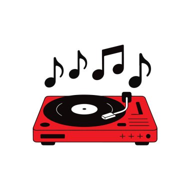 Müzik notaları olan kırmızı plak çalar, bir retro ses simgesi