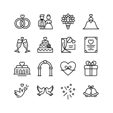 Düğün ikonları, aşk ve evlilik ince çizgi sembolleri.