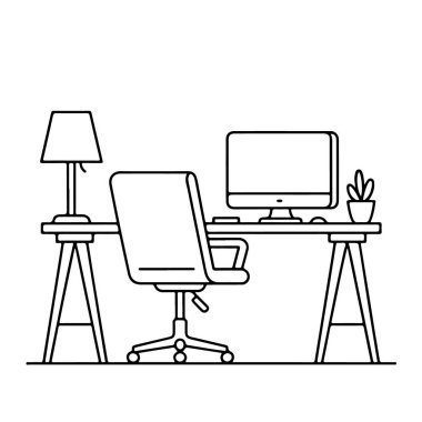 Çalışmak için bilgisayar ve sandalyeli modern bir ofis masası.