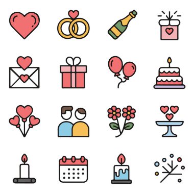 Grafik tasarımı için aşk ve düğün simgeleri koleksiyonu