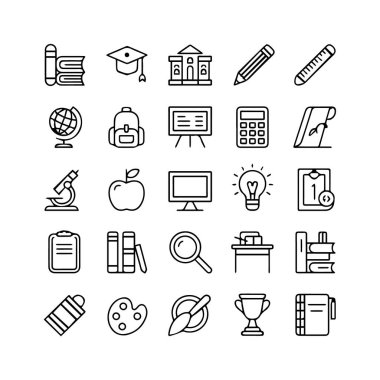Beyaz arkaplanda izole edilmiş okul ve eğitim simgeleri