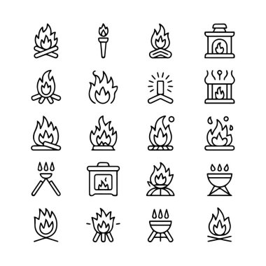Beyaz arkaplanda izole edilmiş ateş ve alev simgeleri