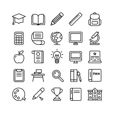 Beyaz arka planda izole edilmiş eğitim ve okul simgeleri koleksiyonu