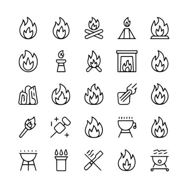 Beyaz arka planda izole edilmiş ateş ve barbekü simgeleri