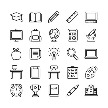 Beyaz arka planda izole edilmiş eğitim ikonları ve okul malzemeleri