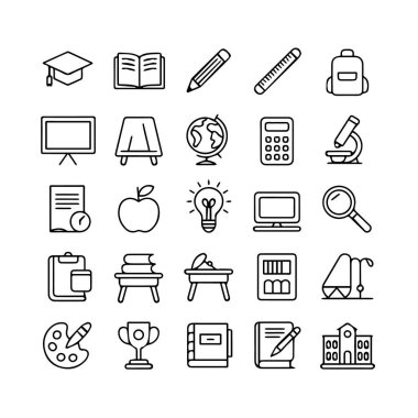 Eğitim ve öğrenim simgeleri, beyaz arka planda izole edilmiş, okul malzemeleri, akademik semboller ve teknolojinin yer aldığı