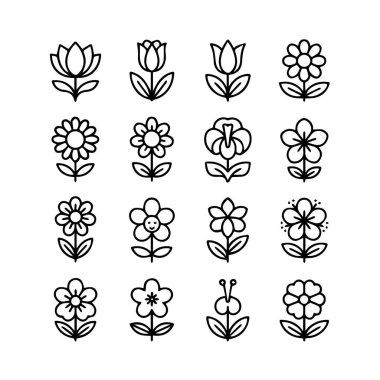 Temiz beyaz bir arkaplanda izole edilmiş çeşitli çiçek türlerini tasvir eden basit çizgi resim simgeleri
