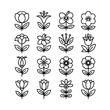 Beyaz arka planda izole edilmiş, karmaşık detaylara sahip biçimlendirilmiş çiçek simgelerinin sanatsal koleksiyonu